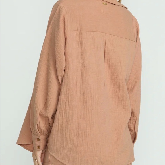 BILLABONG ORANGE CRINKLE GAUZE BUTTON FRONT LONG SLEEVE BLOUSE WOMENS SMALL - Picture 11 of 12